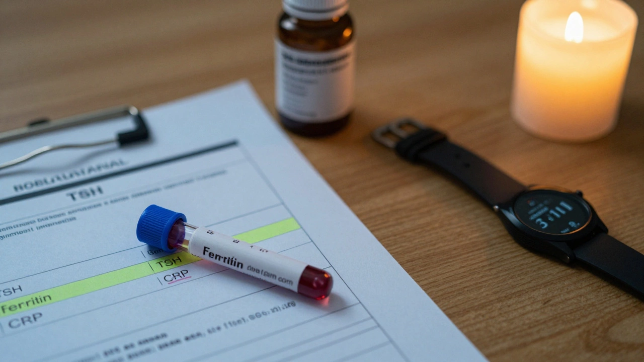 A blood vial and lab report on a desk with vitamins and a clock showing early morning hours.