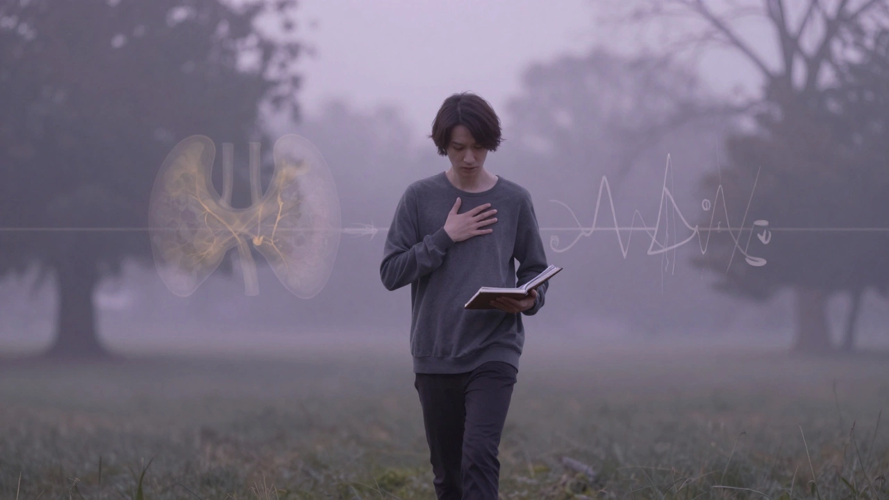 A person walking in a misty park, holding a notebook, with subtle symbolic health elements in the background.