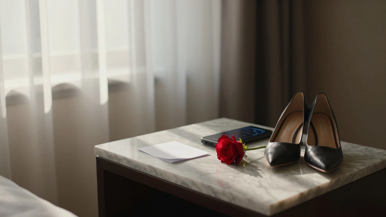 An empty luxury hotel room at dawn with a rose and phone on the nightstand.