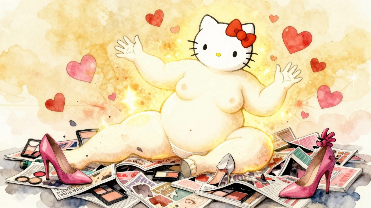 Glowing plus-size body rising from shattered beauty magazines, surrounded by hearts and open hands in watercolor style.