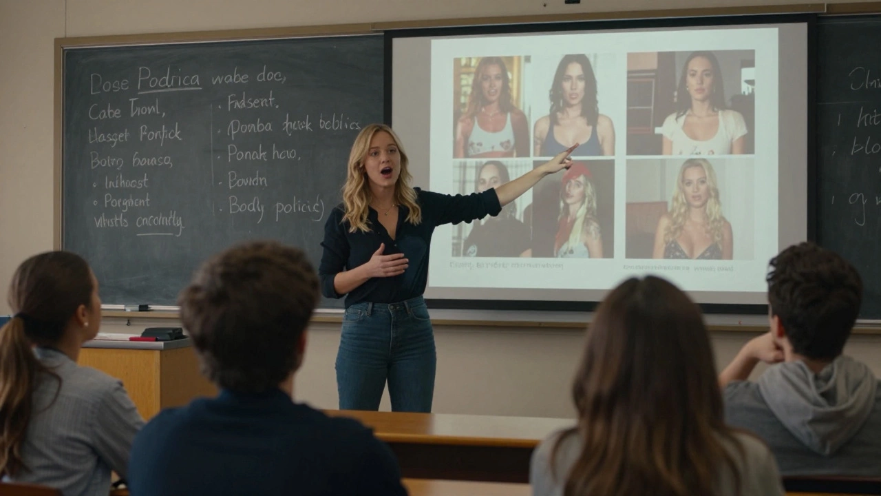 Kitty Stryker teaching in a university lecture hall, students watching screen showing porn comparisons.