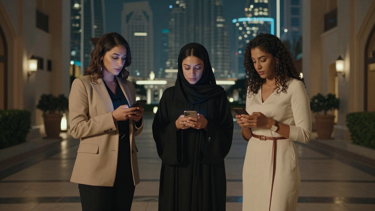 Three women in elegant clothing sharing quiet solidarity in a Dubai hotel courtyard.